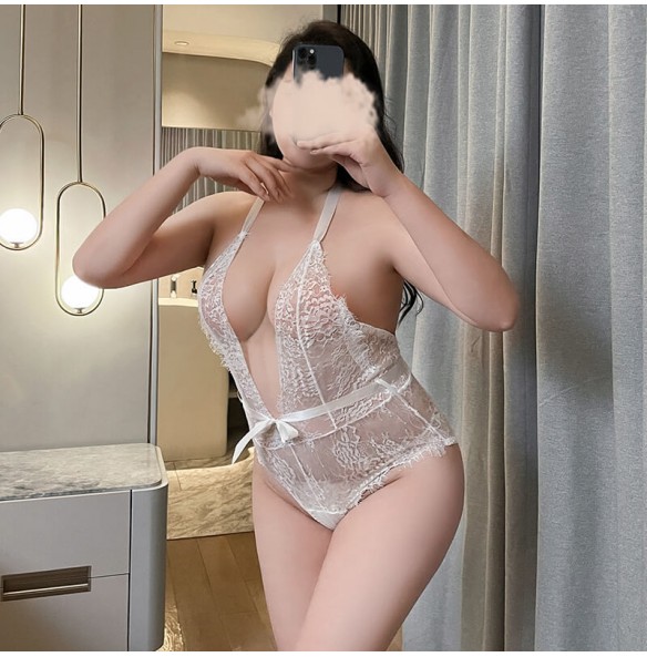 FEE ET MOI - Lace Eyelash Deep V Open Crotch Bodysuit (Plus Size - White) FEE ET MOI - Lace Eyelash Deep V Open Crotch Bodysuit (Plus Size - White)